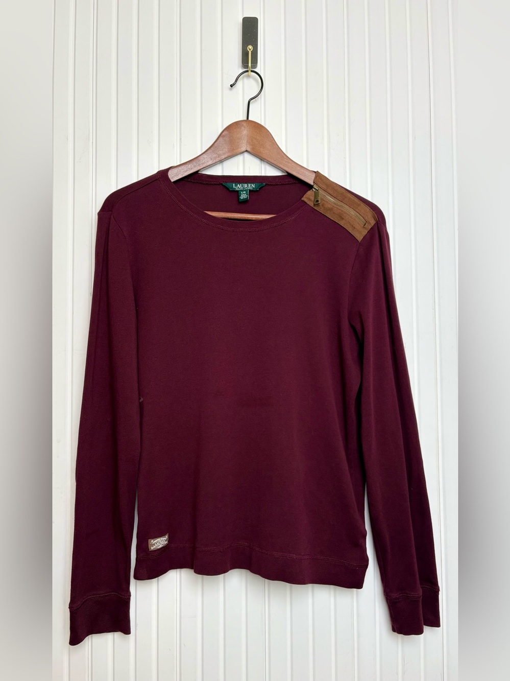 Ralph Lauren Burgundy Cotton Sweater Suede Elbow Patches L Old Money Preppy